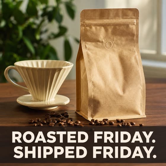 Ad creative: a kraft coffee bag beside a pour-over dripper.