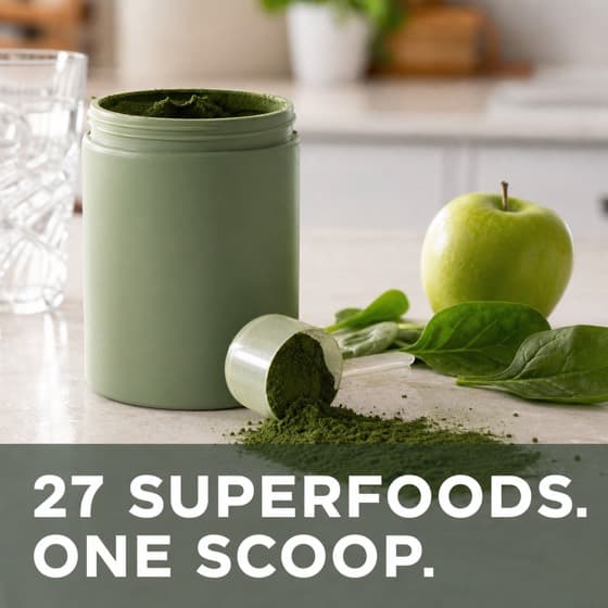 Ad creative: a tub of greens powder with a spilled scoop.