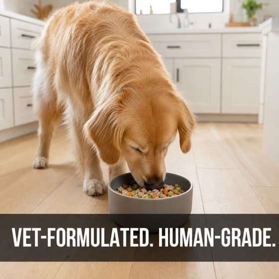 Ad creative: a golden retriever eating from a ceramic bowl.