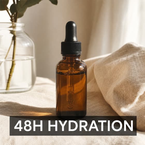 Ad creative: an amber serum dropper bottle on linen.