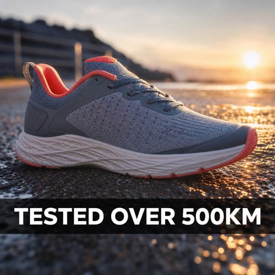 Ad creative: a running shoe on wet asphalt at dawn.