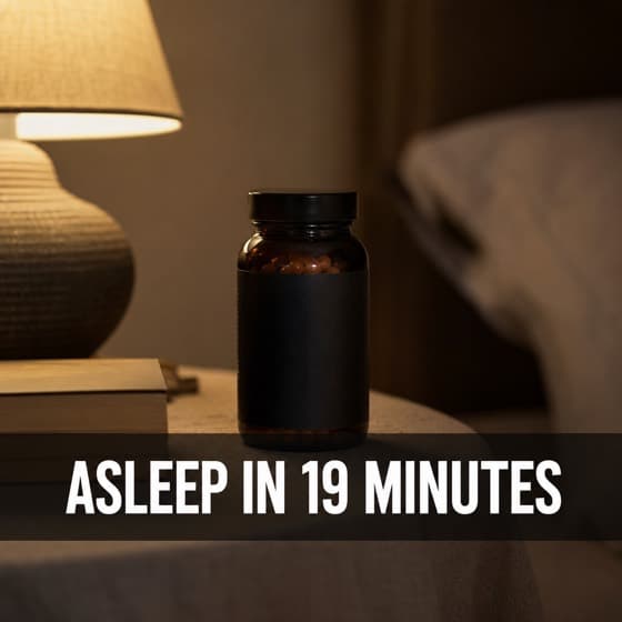 Ad creative: a supplement bottle on a bedside table under lamplight.